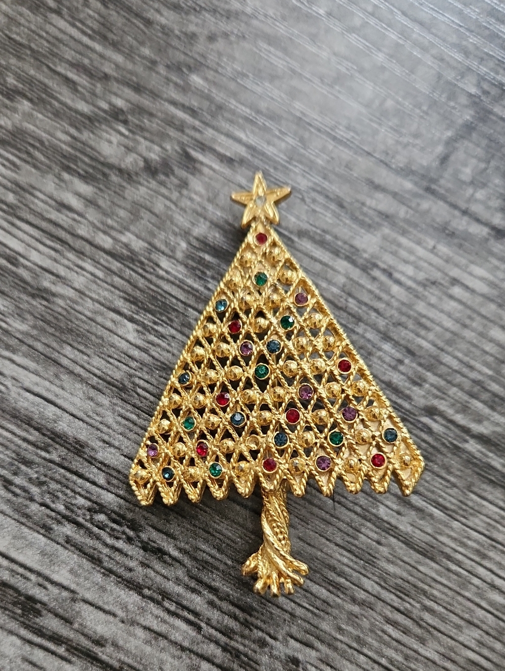 Vintage Gold-Tone Multicolor Crystal Tree Brooch